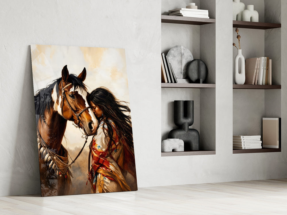 Bay Pinto Horse and Native Woman Glass Wall Art
