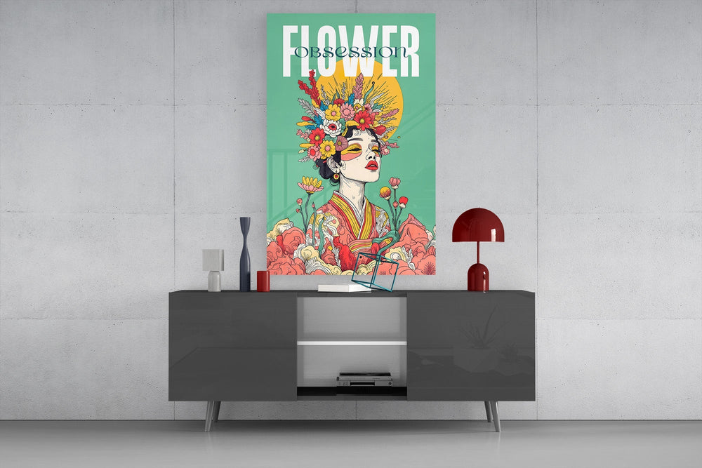 Floral Crown Woman Teal Portrait Glass Wall Art