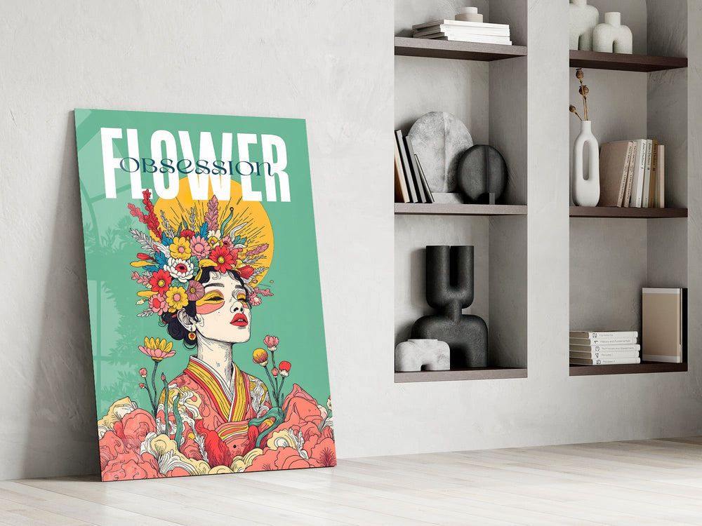 Floral Crown Woman Teal Portrait Glass Wall Art