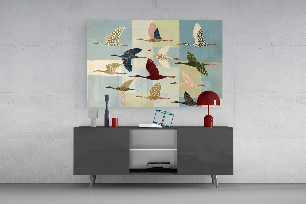 Flying Cranes Patchwork Pastel Glass Wall Art
