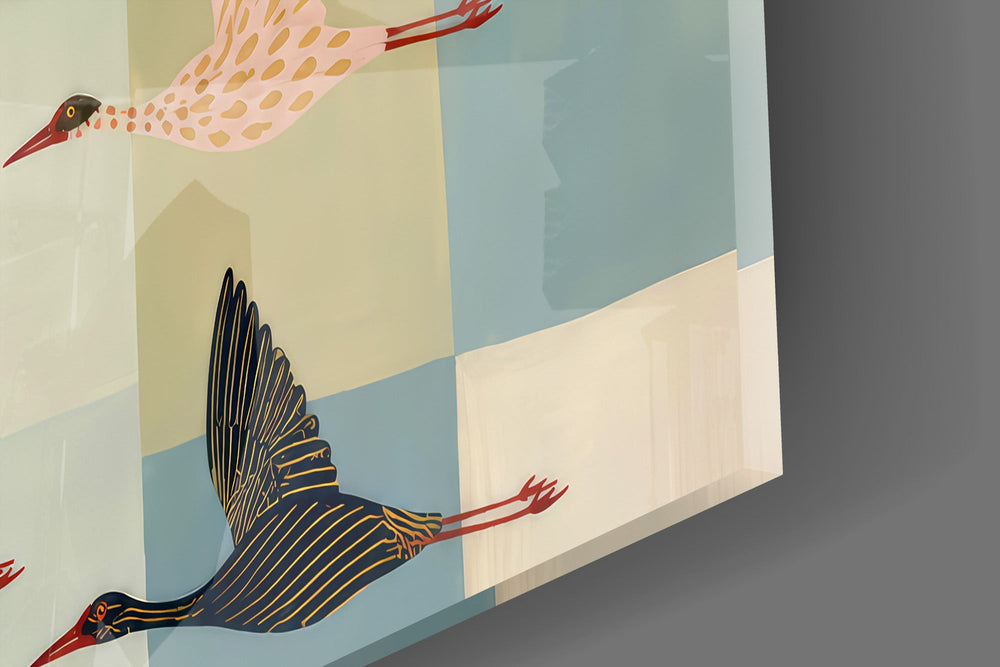 Flying Cranes Patchwork Pastel Glass Wall Art