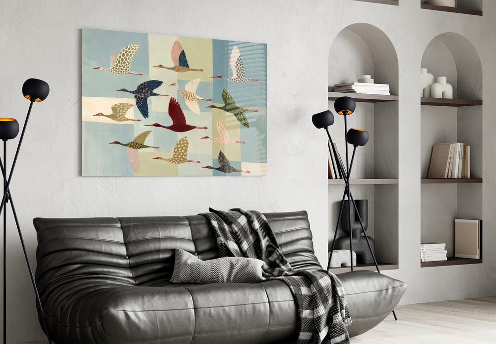Flying Cranes Patchwork Pastel Glass Wall Art