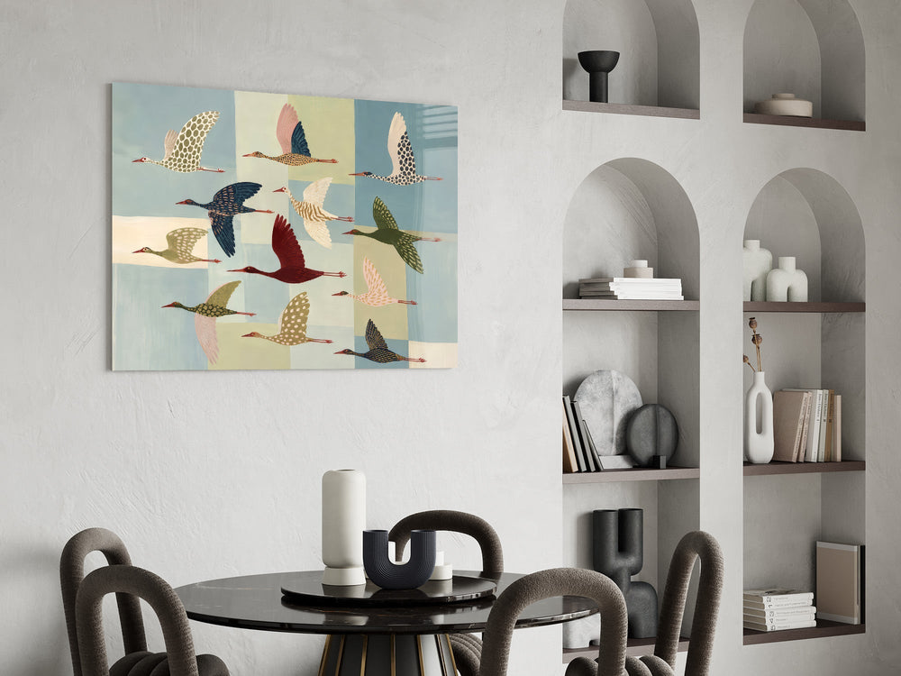 Flying Cranes Patchwork Pastel Glass Wall Art