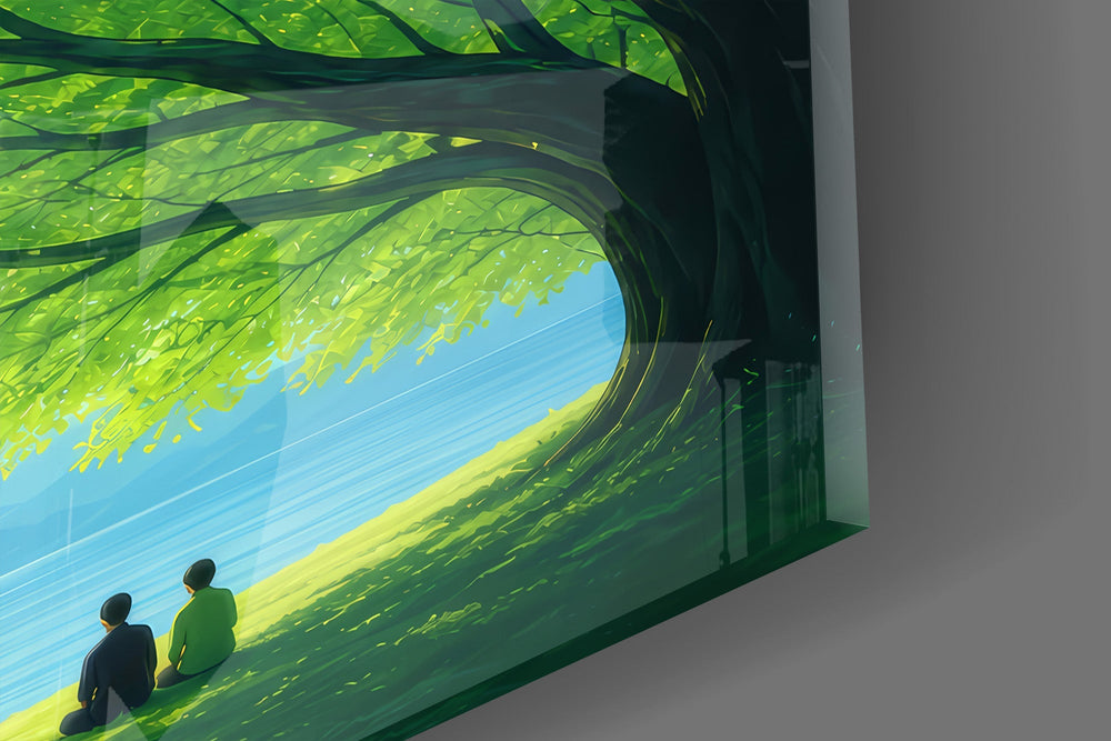 Giant Green Tree Lakeside Calm Glass Wall Art