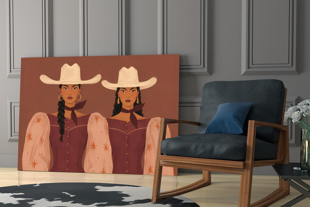 Two Cowgirls in Maroon Western Glass Wall Art