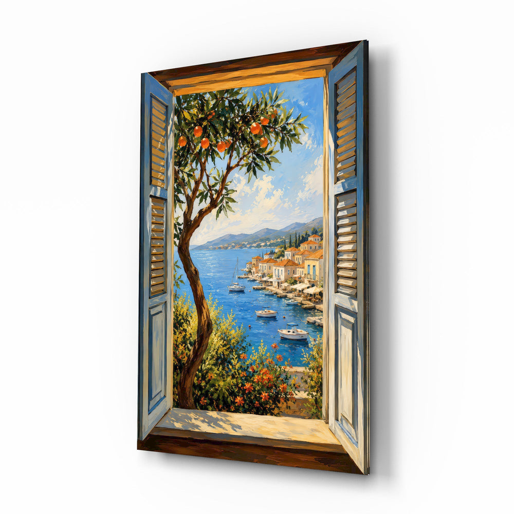Coastal Village Window View Glass Wall Art