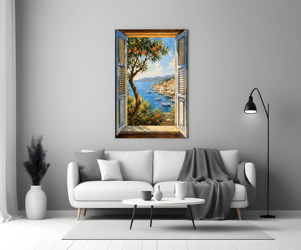 Coastal Village Window View Glass Wall Art