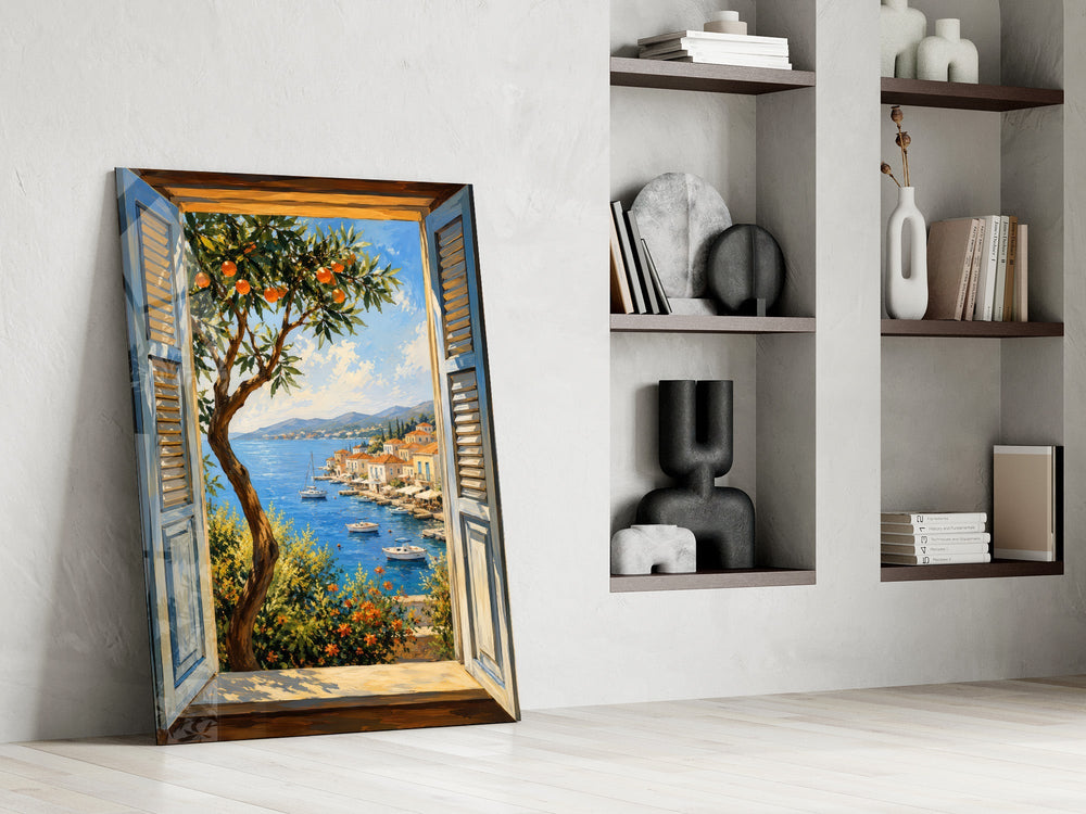 Coastal Village Window View Glass Wall Art