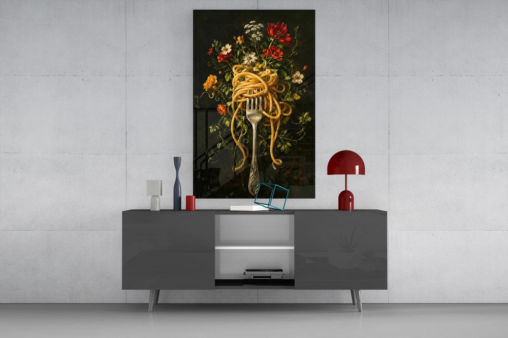 Spaghetti Fork and Wildflowers Glass Wall Art