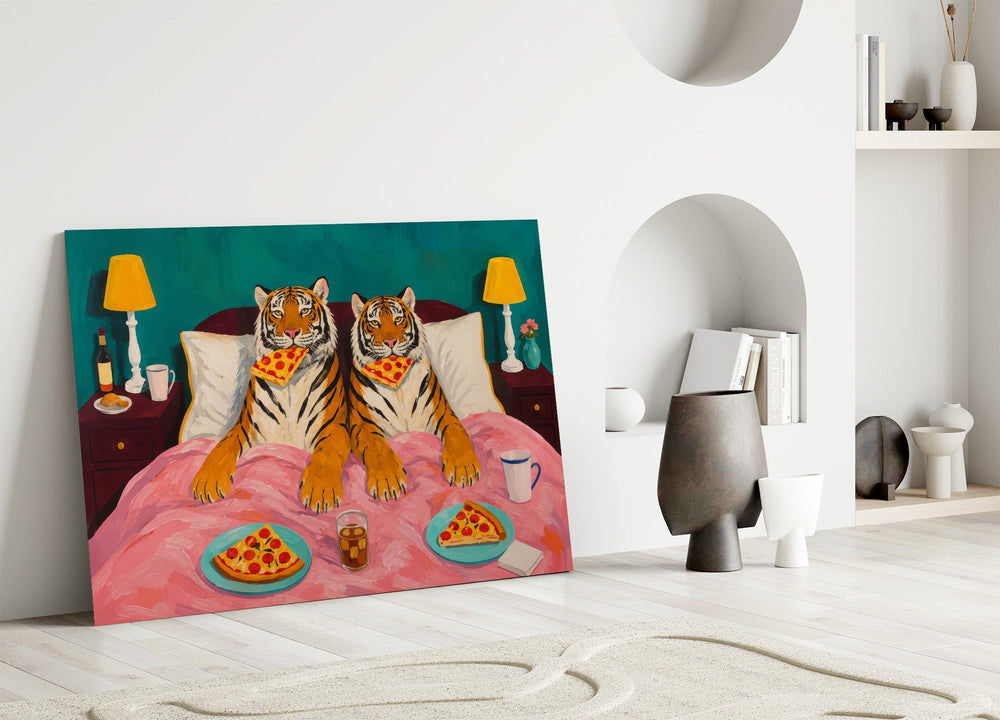Two Tigers Eating Pizza in Bed Glass Wall Art