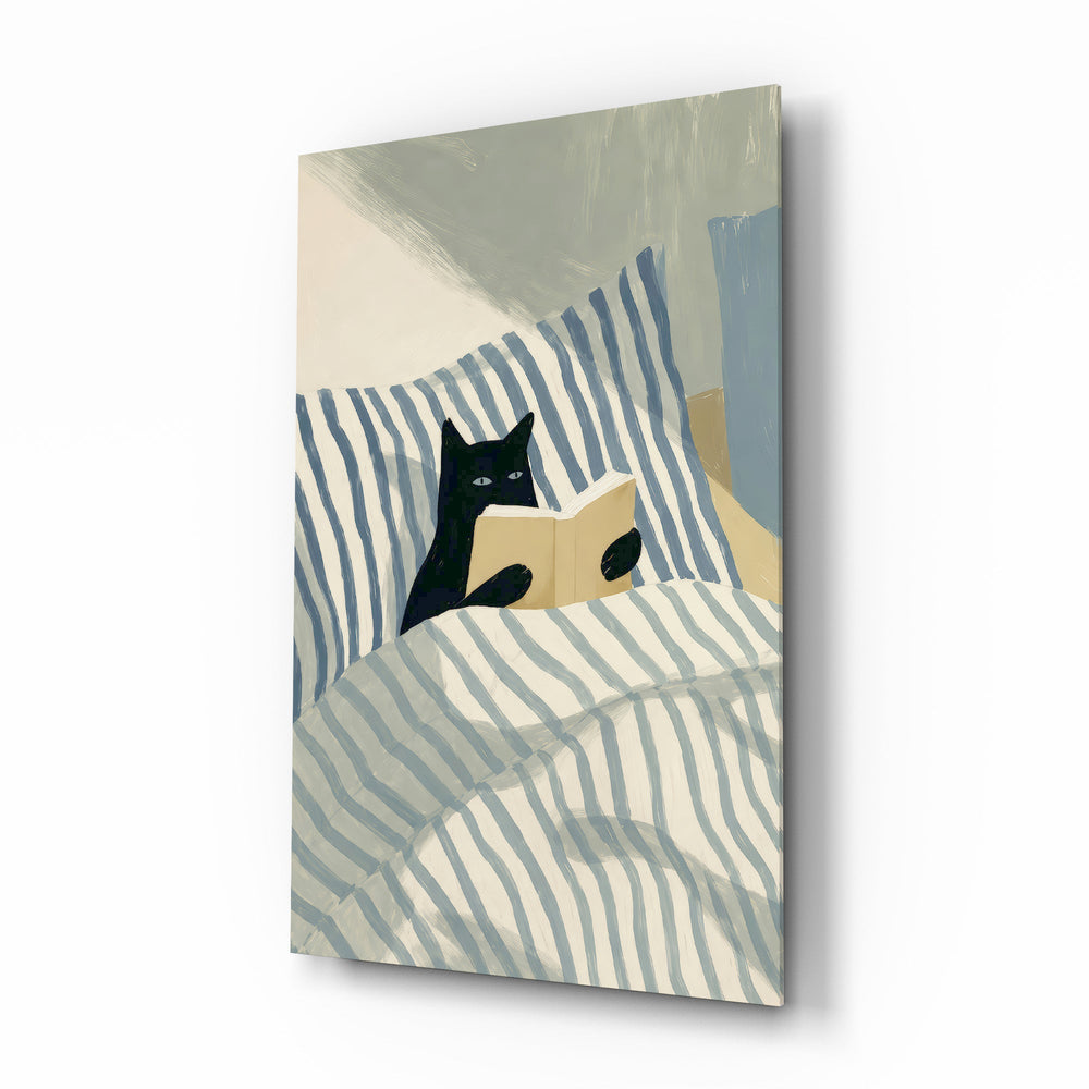 Reading Black Cat Blue Striped Bed Glass Wall Art