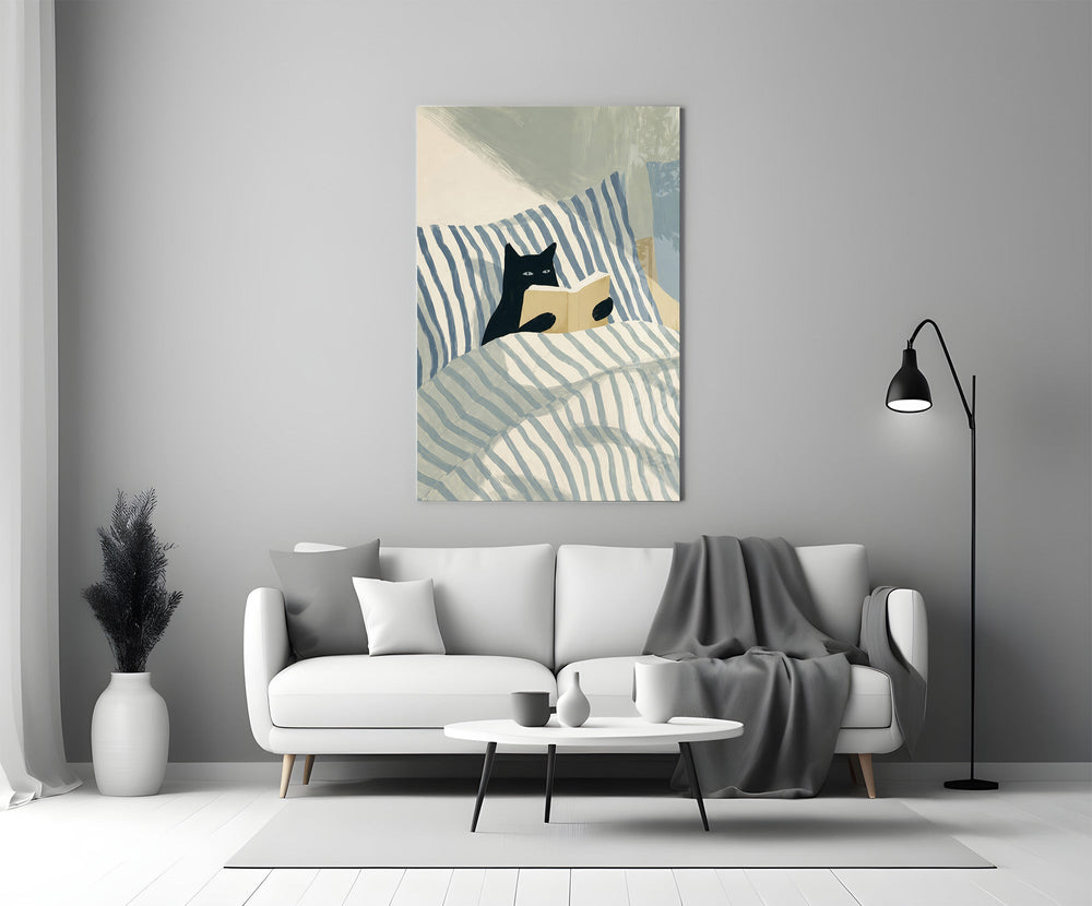 Reading Black Cat Blue Striped Bed Glass Wall Art