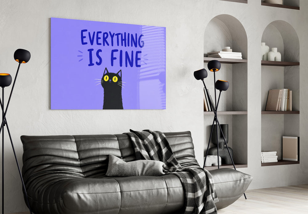 Wide-Eyed Black Cat Purple Humor Glass Wall Art