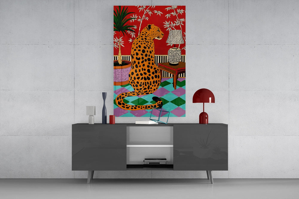 Seated Leopard Bold Chinoiserie Glass Wall Art