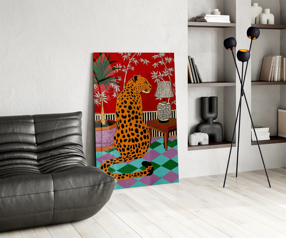 Seated Leopard Bold Chinoiserie Glass Wall Art