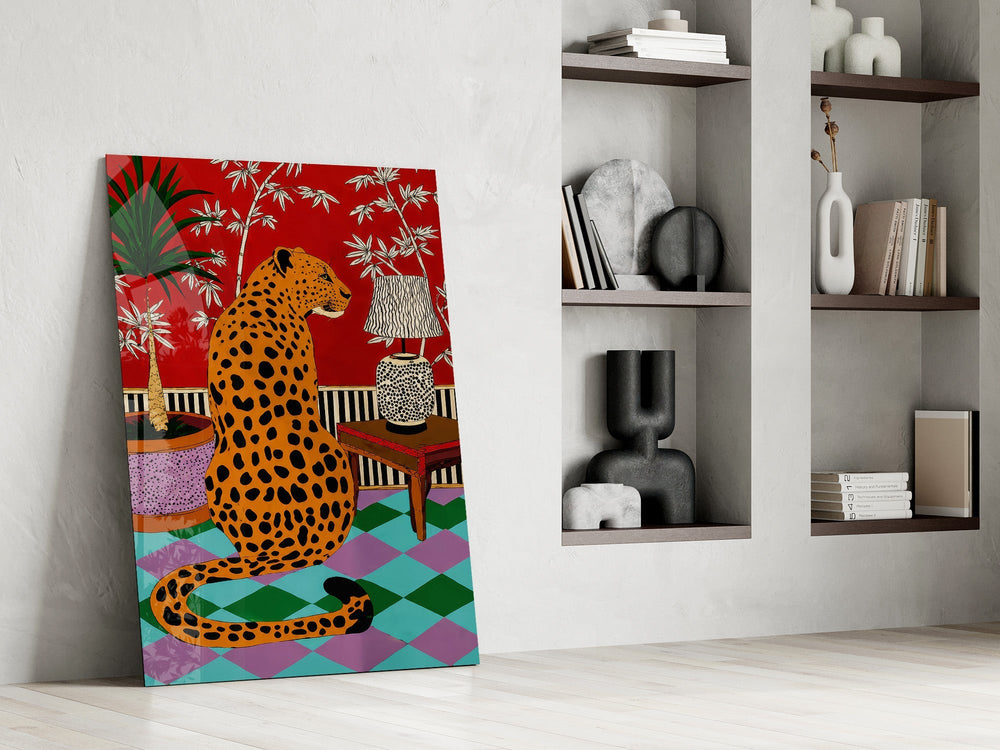 Seated Leopard Bold Chinoiserie Glass Wall Art