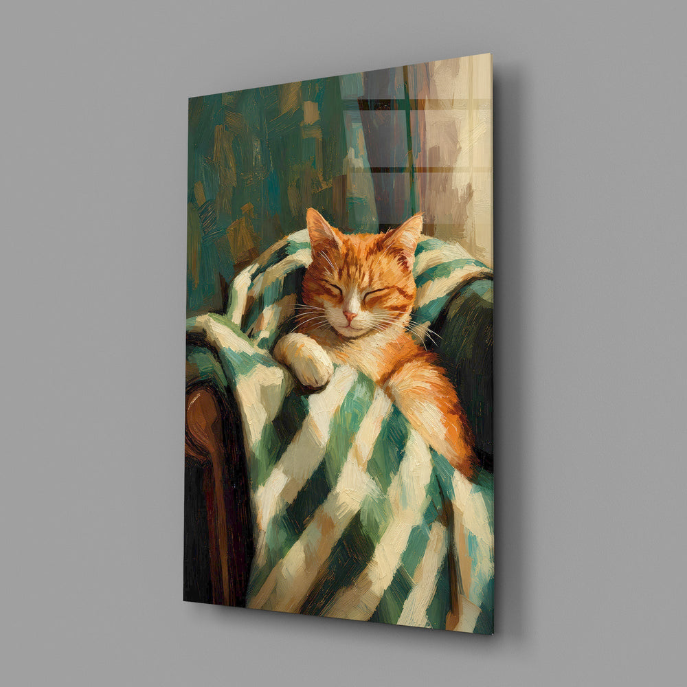 Sleeping Ginger Cat Impressionist Glass Wall Art