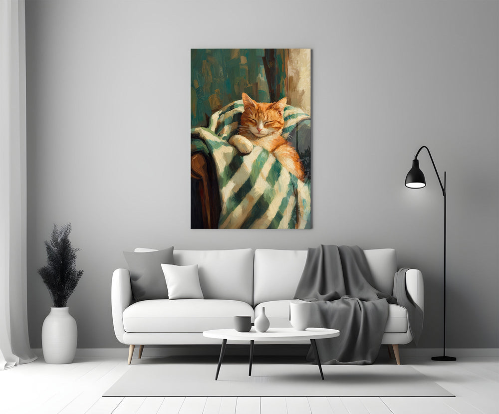 Sleeping Ginger Cat Impressionist Glass Wall Art