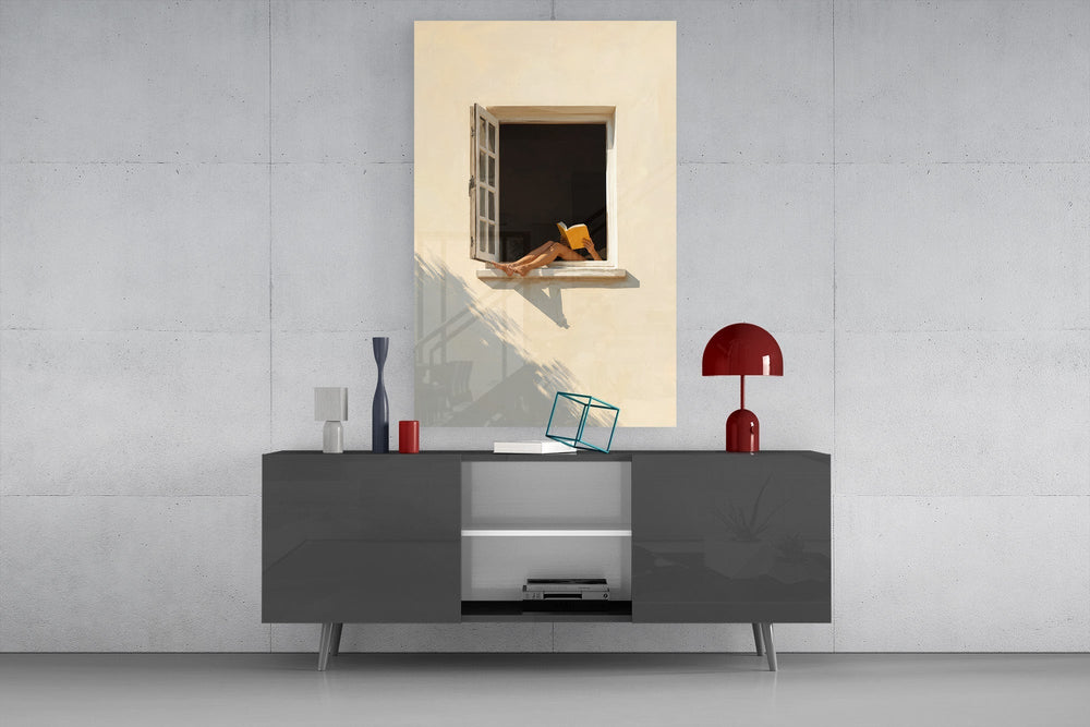 Open Window Reader Sunlit Facade Glass Wall Art