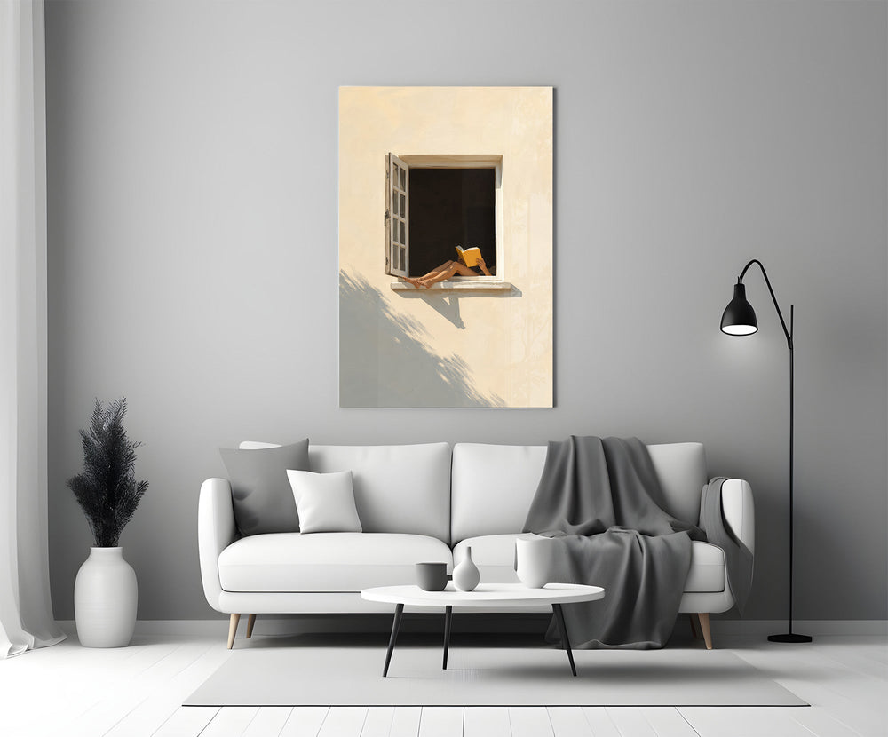 Open Window Reader Sunlit Facade Glass Wall Art