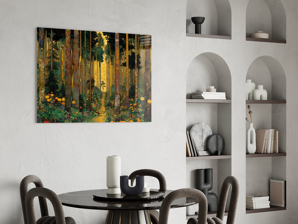 Golden Forest Path Ornamented Tree Trunks Glass Wall Art