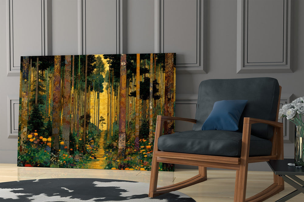 Golden Forest Path Ornamented Tree Trunks Glass Wall Art