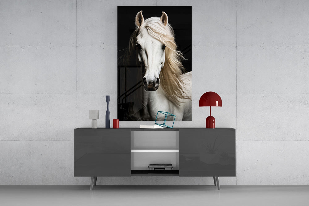 White Horse Flowing Mane Black Backdrop Glass Wall Art