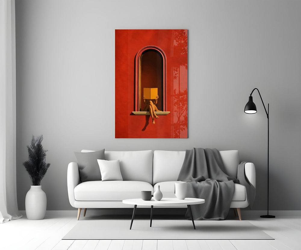 Red Wall Arched Niche Book Reader Glass Wall Art