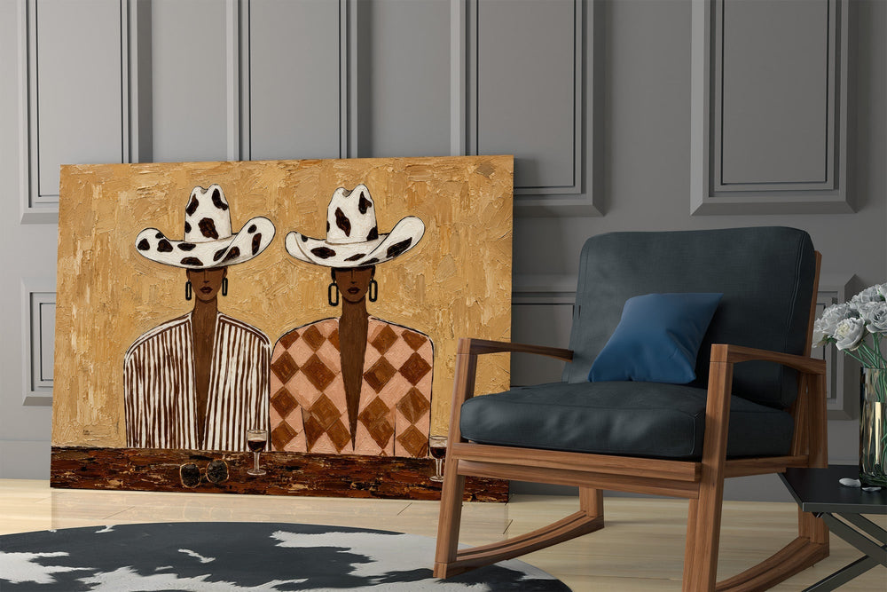 Cowgirl Duo Cow-Print Hats Warm Tones Glass Wall Art
