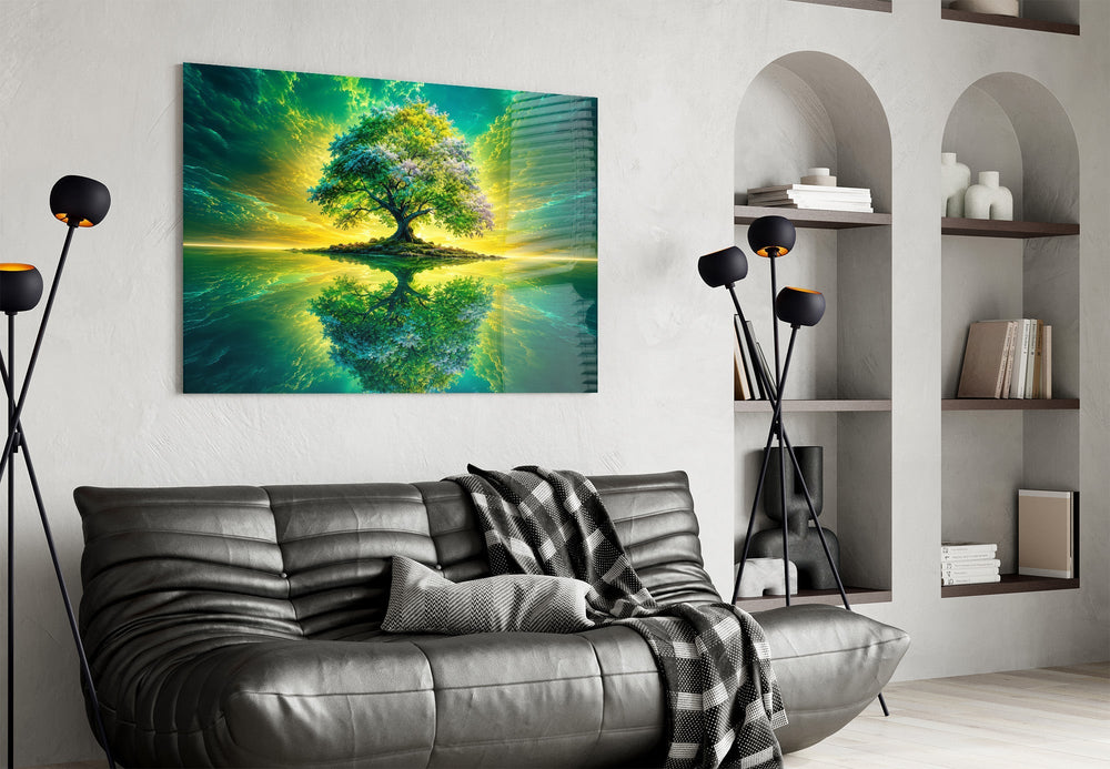 Emerald Tree of Life Mirrored Lake Glass Wall Art