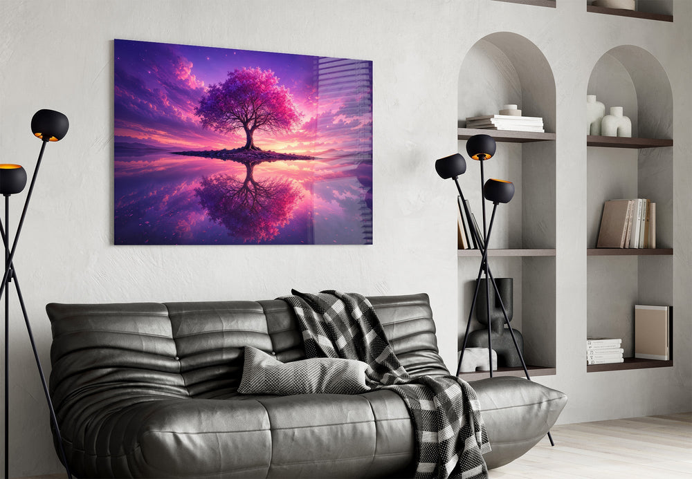 Violet Blossom Tree Twilight Reflection Glass Wall Art