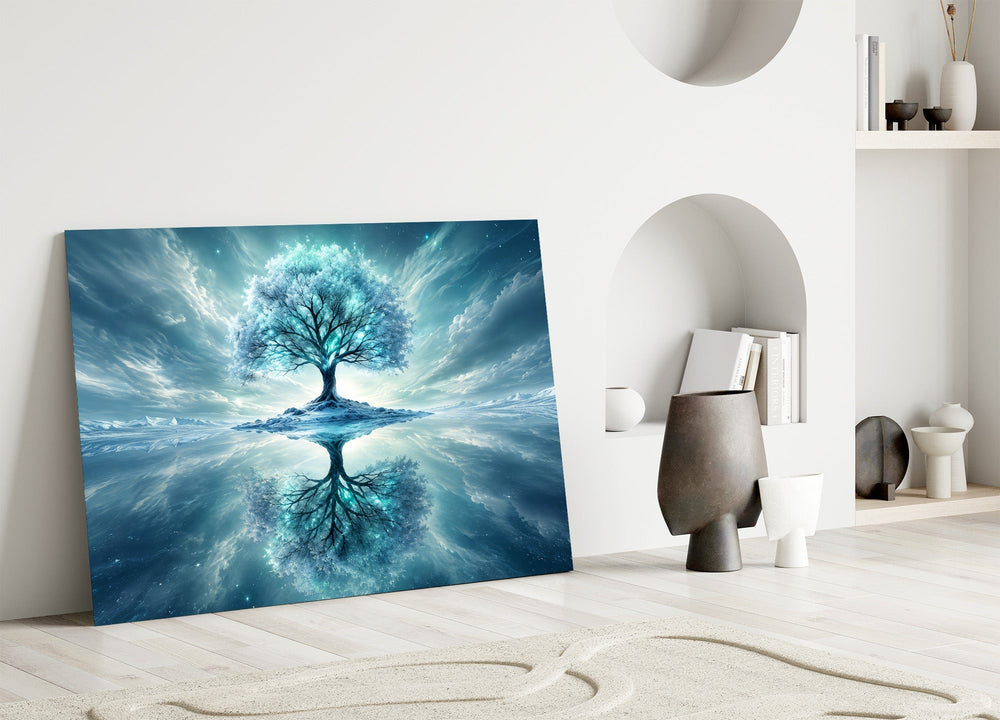 Frozen Blue Tree Winter Mirror Glass Wall Art