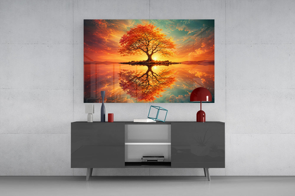 Autumn Amber Tree Sunset Reflection Glass Wall Art