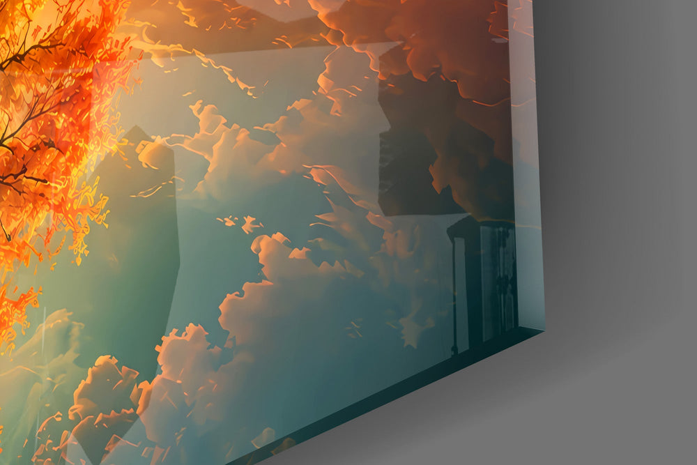 Autumn Amber Tree Sunset Reflection Glass Wall Art