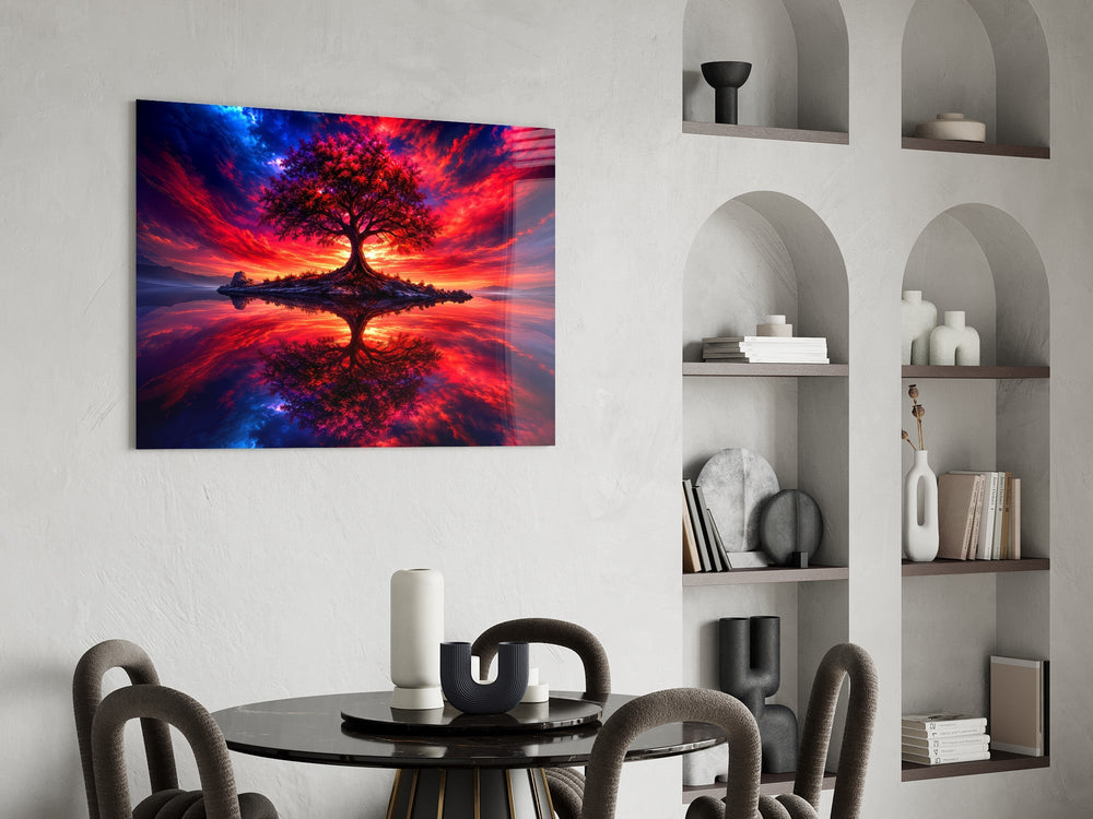 Crimson Tree Fiery Sky Cosmic Glass Wall Art