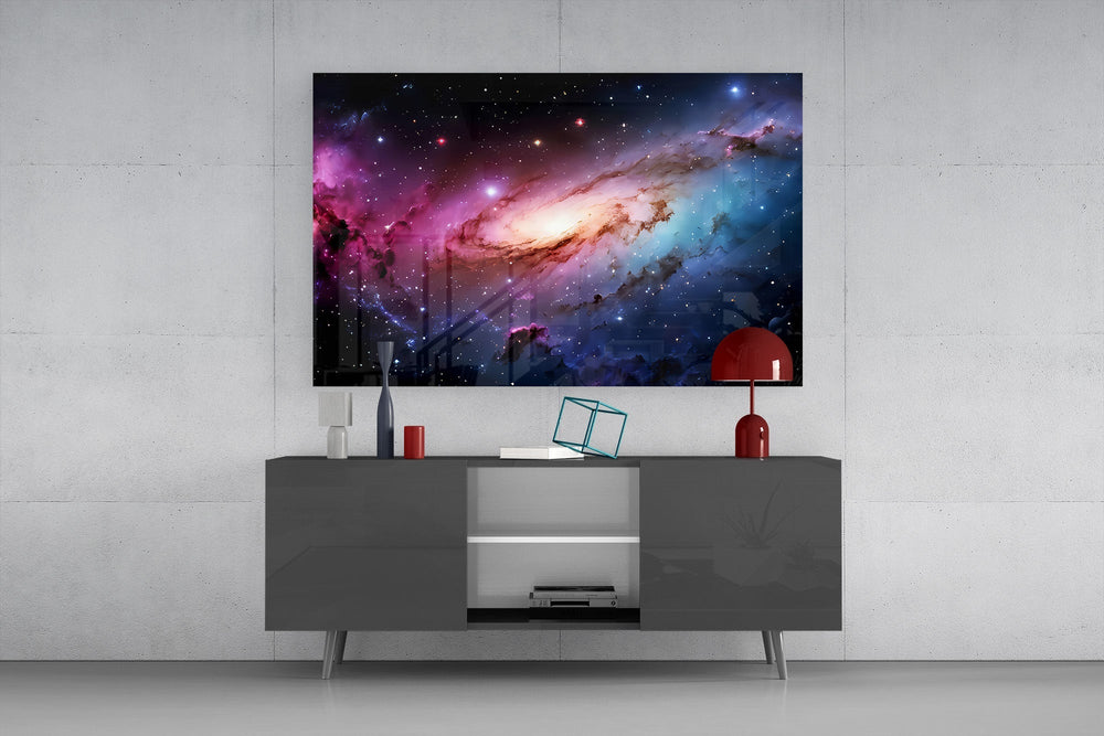 Pink and Blue Spiral Galaxy Nebula Glass Wall Art