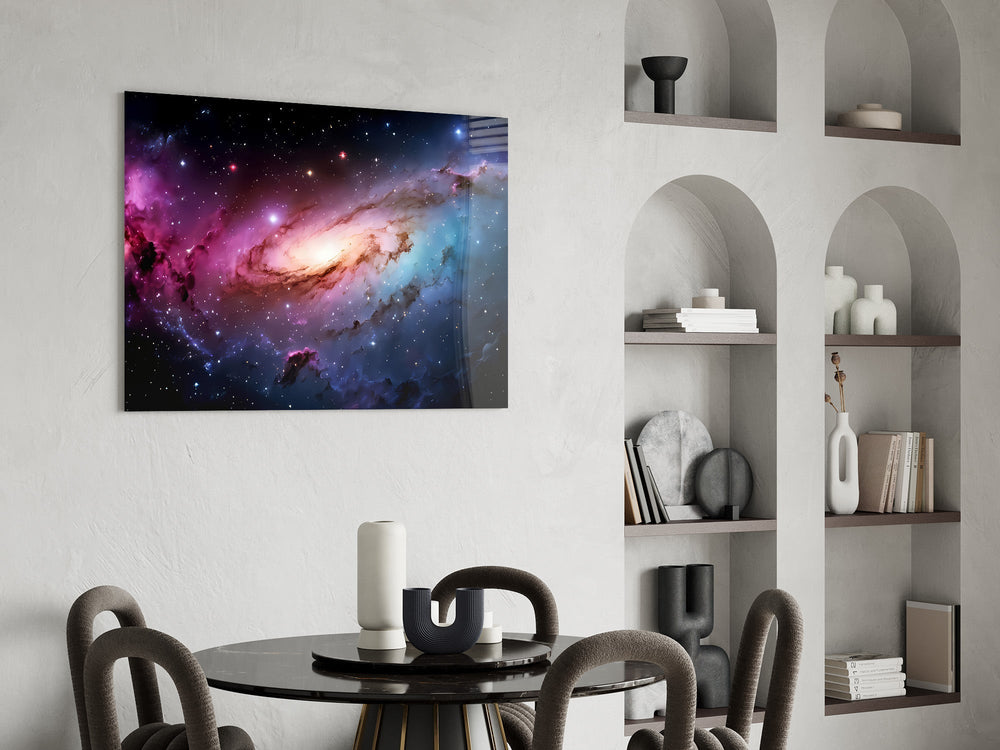 Pink and Blue Spiral Galaxy Nebula Glass Wall Art