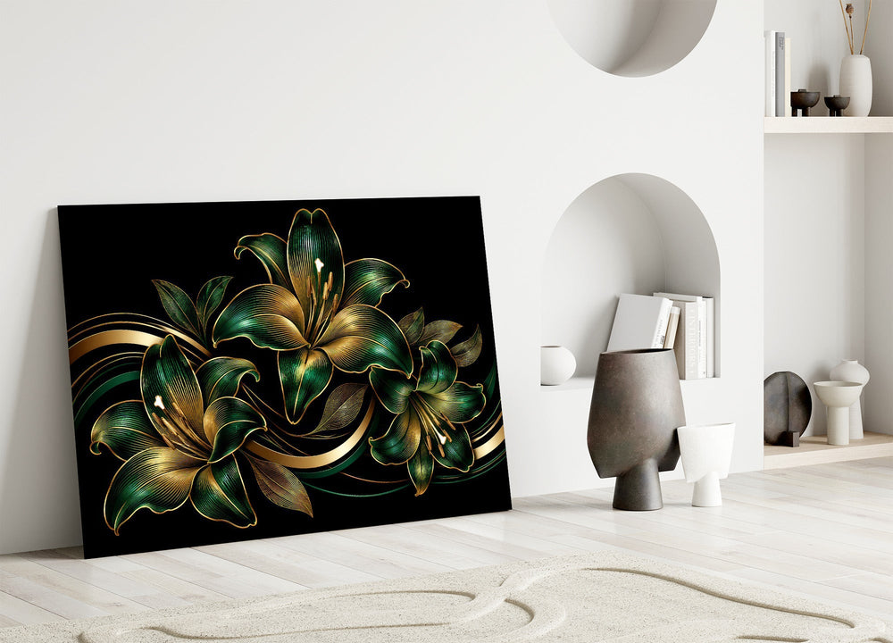 Emerald and Gold Lilies Black Glass Wall Art