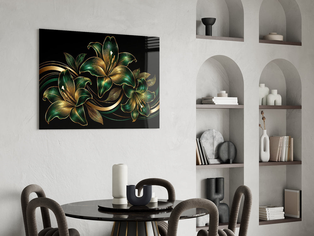 Emerald and Gold Lilies Black Glass Wall Art