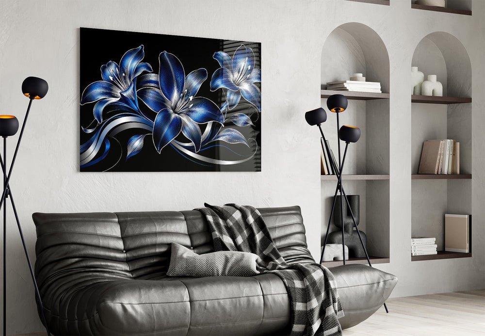 Sapphire Blue and Silver Lilies Glass Wall Art
