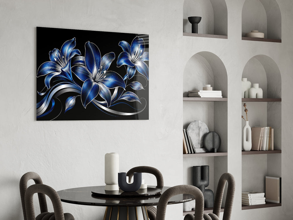 Sapphire Blue and Silver Lilies Glass Wall Art