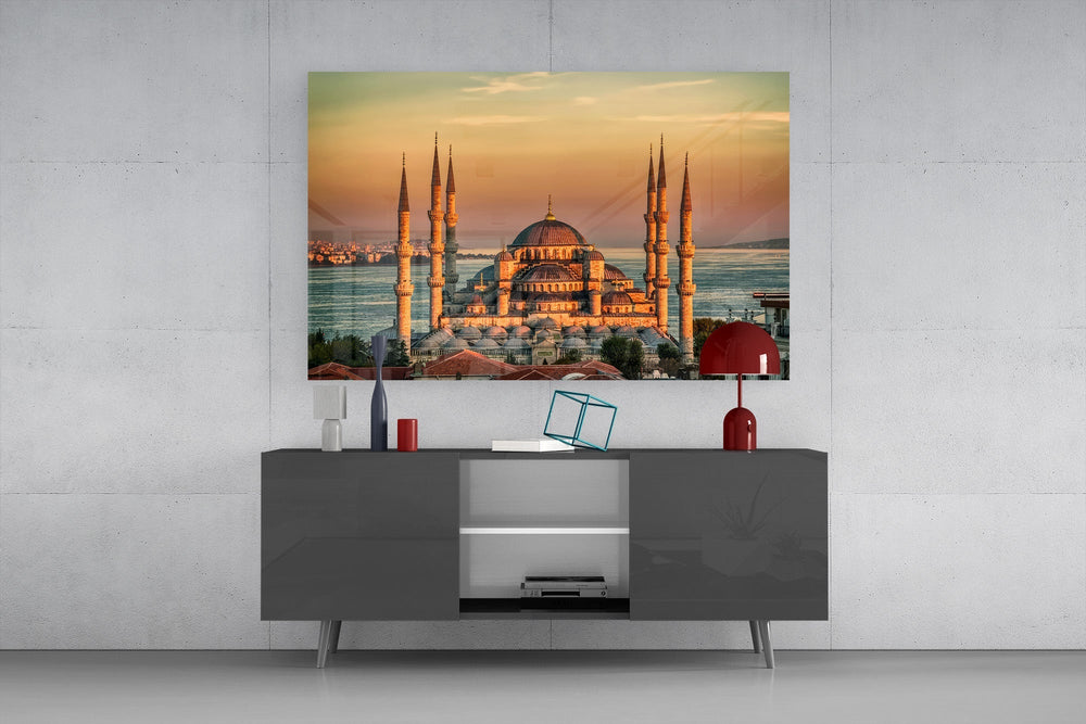 Golden Sunset Six-Minaret Mosque Glass Wall Art