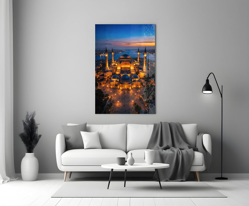 Twilight Aerial Illuminated Mosque Glass Wall Art