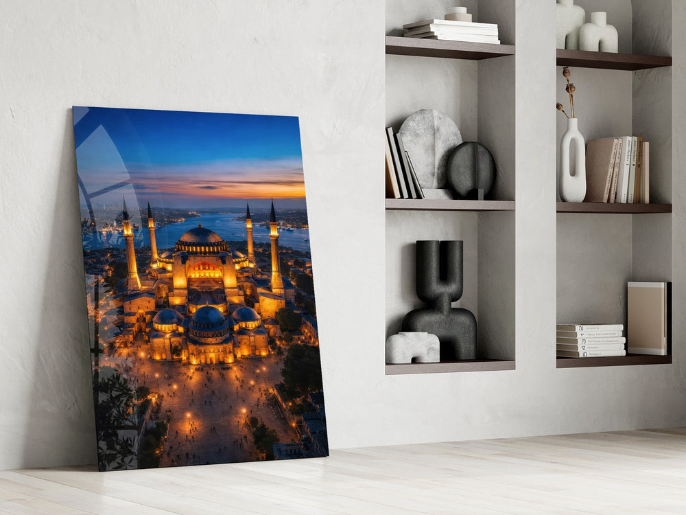Twilight Aerial Illuminated Mosque Glass Wall Art