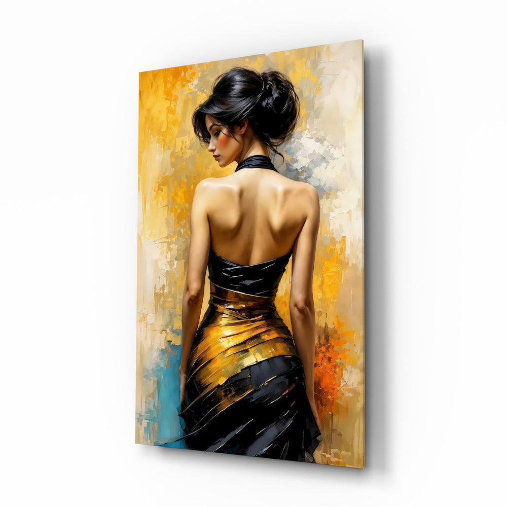 Golden Grace Woman in Black and Gold Gown Glass Wall Art