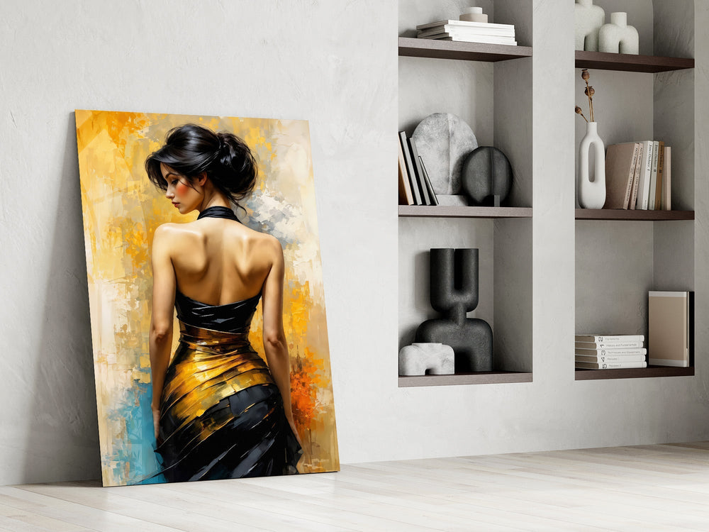 Golden Grace Woman in Black and Gold Gown Glass Wall Art