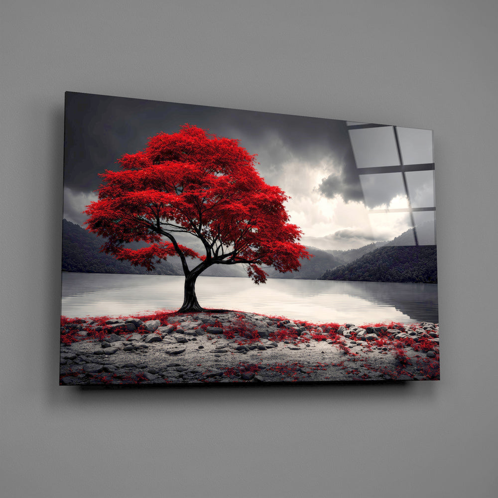 Red Maple Tree by a Misty Lake Glass Wall Art