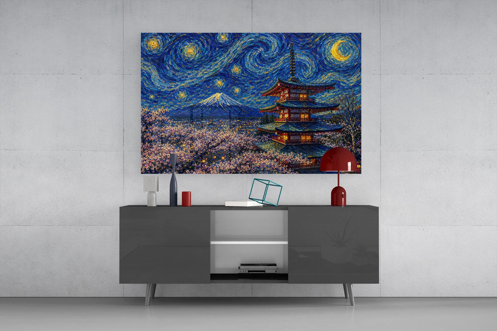 Mount Fuji Pagoda Van Gogh Style Glass Wall Art