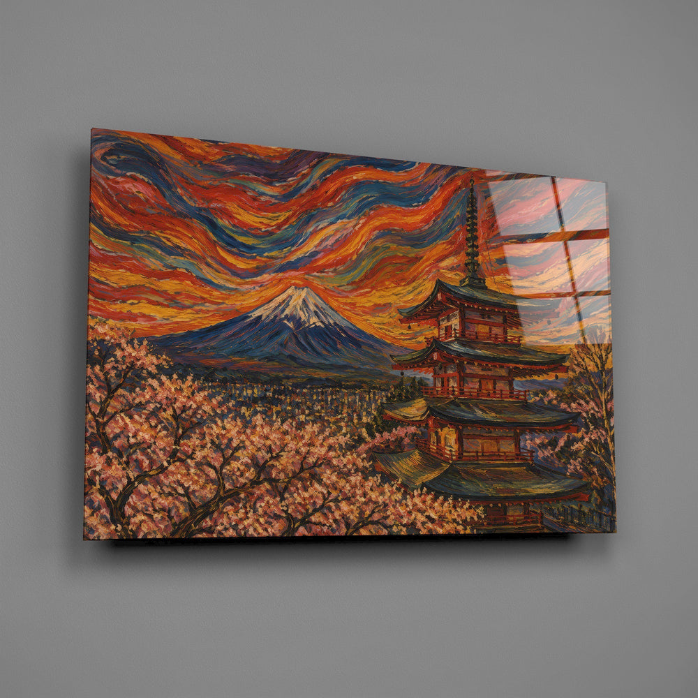 Mount Fuji Pagoda Munch Style Glass Wall Art