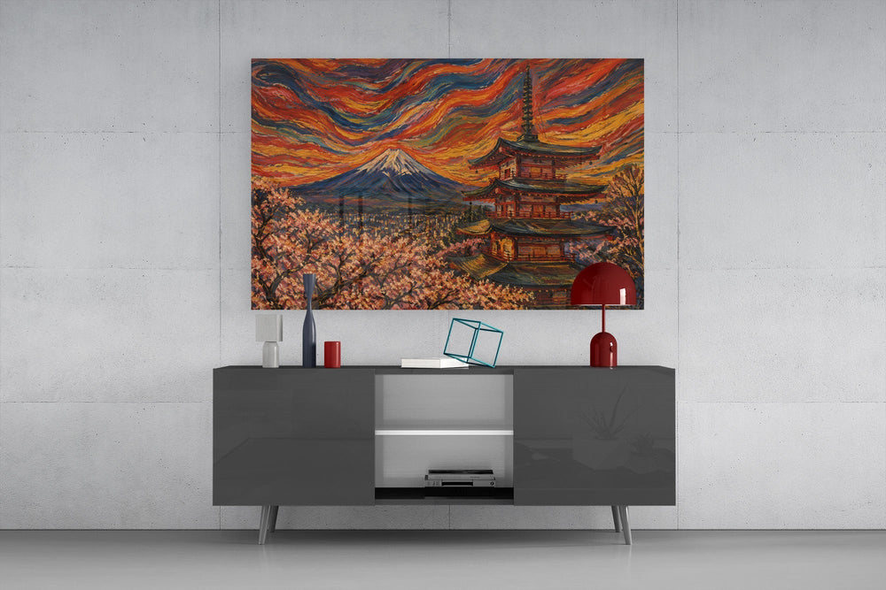 Mount Fuji Pagoda Munch Style Glass Wall Art